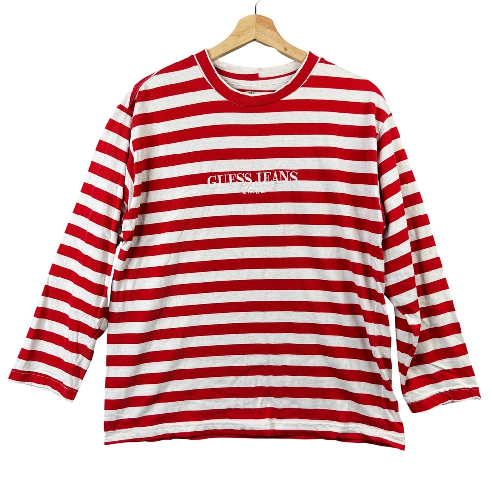 Vintage Guess Jeans USA Georges Marciano Striped Long Sleeve Shirt Red White L
